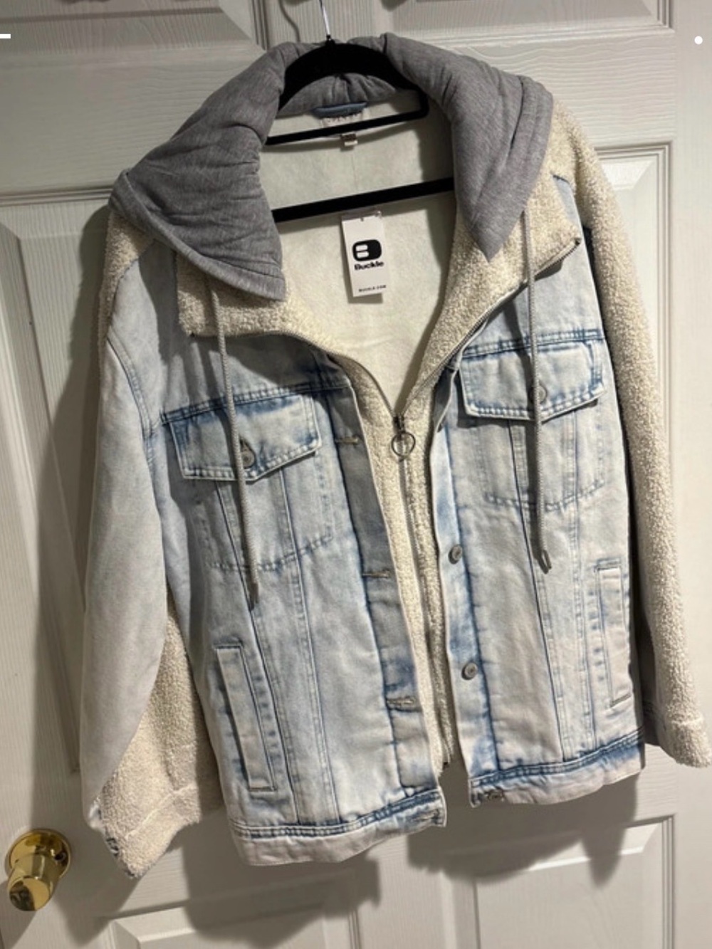 Buckle Light Wash Denim Jacket with Cream Sherpa and Gray Hood